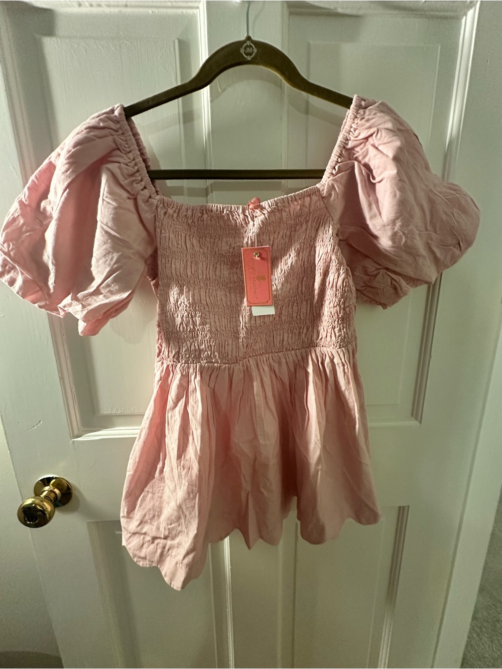 Simply southern Pink Puff Sleeve Smocked Peplum Top